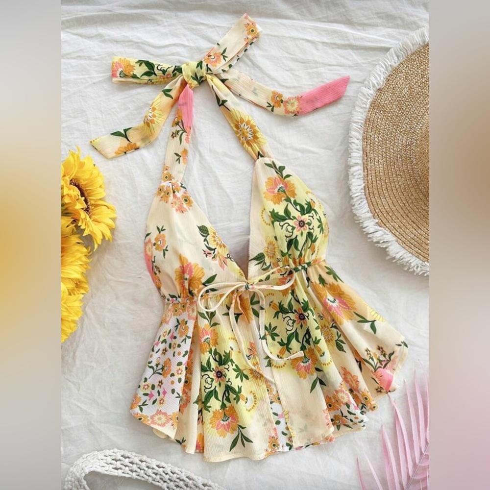 Floral Halter Tie-Front Tank Top in Cream and Yellow
